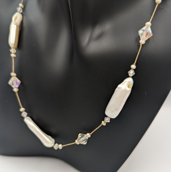 Beautiful Keshi Pearl Aurora Borealis Crystals Sterling Clasp Choker necklace - Picture 12 of 15